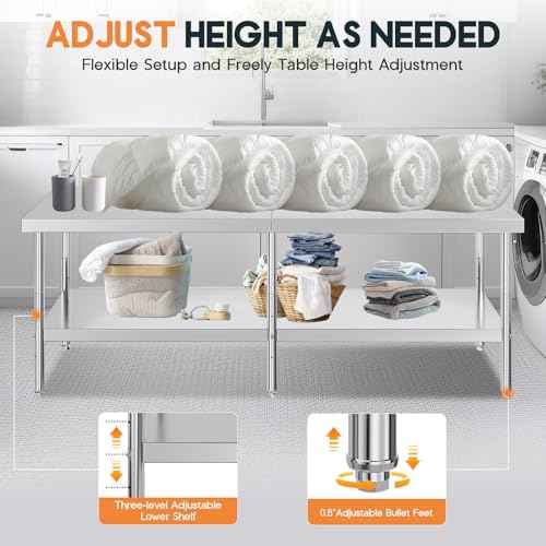 Jocisland 30" x 96" Stainless Steel Table for Prep & Work Adjustable Under Shelf and Feet, for Commercial Kitchen, Restaurant, Hotel and Garage