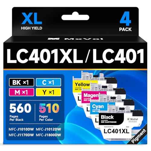 MxVol LC401XL Compatible Ink Cartridges Replacement for Brother LC-401XL LC401 LC-401 High Yield for MFC-J1010DW MFC-J1170DW MFC-J1800DW MFC-J1012DW Printer Ink (Black Cyan Magenta Yellow, 4-Pack)