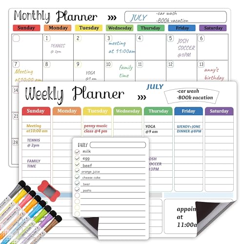 Hivillexun Magnetic Dry Erase Calendar Whiteboard Set (3-Pack) for Fridge, Wall, and Refrigerator Organization ? Monthly, Weekly, and Daily Planners with 8 Markers and Eraser