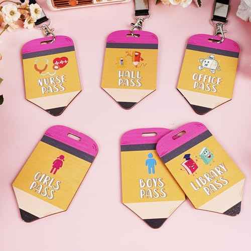 Hall Passes for Classrooms: 6 Pcs Wooden Pencil Hall Pass Unbreakable for Students Teachers, Bathroom Restroom Passes with Lanyards for Elementary Middle, Classroom Must Haves Back to School Supplies