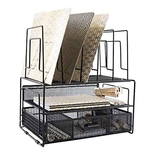 BLU MONACO Black Desk Organizer with File Sorters & Drawer ? Workspace Storage Rack for Office Supplies & Files
