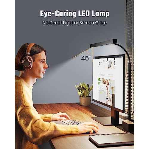 SUPERDANNY LED Desk Lamp for Office Home, Eye-Caring Desk Light with Adjustable Gooseneck, 12W Touch Control Dimmable Brightness, Architect Clamp Lamp with USB Adapter for Reading Study Workbench