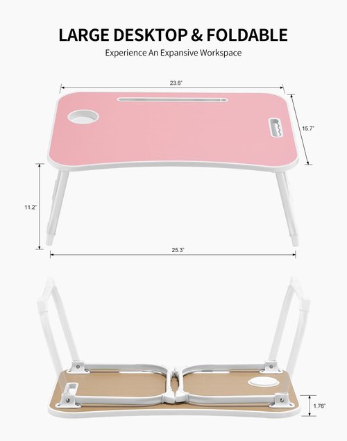 ZEAPTAC Laptop Bed Desk, Foldable Lap Table, Portable Study Table, Laptop Stand with Cup Holder & Tablet Slot & Lifting Handle for Working Writing Drawing & Eating - Pink