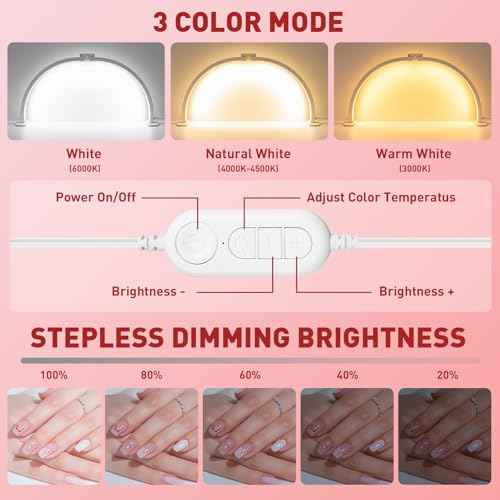 KIRKAS Foldable Esthetician for Half Moon Light Nail Tech for Lash, Craft, Tattoo, Manicure, 29in Large Nail Desk Lamp 4700 Lumens Adjustable 3 Color Modes & 10 Brightness with Phone Stand-White
