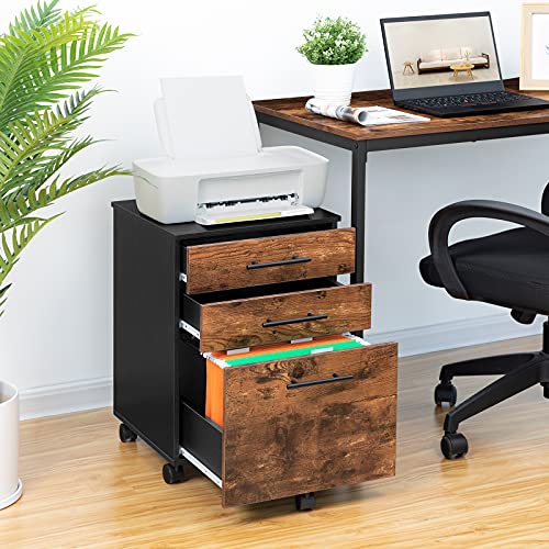 HOOBRO 3-Drawer File Cabinet - Under-Desk Wood Office Storage, A4/Letter, Rustic Brown & Black BF02WJ01G1
