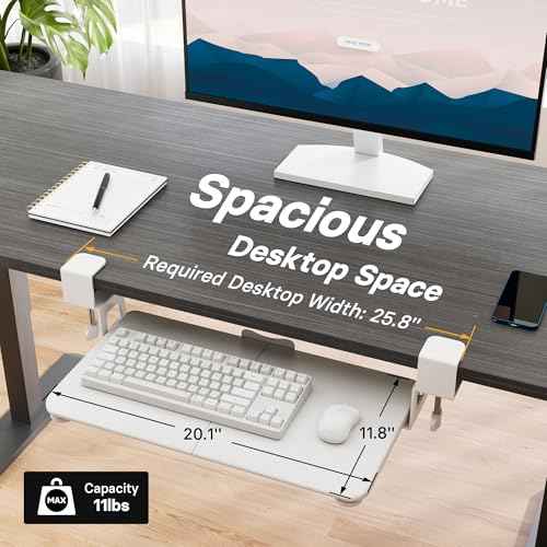 BONTEC KMT01-PJ Under Desk Keyboard Tray, Pull-Out Keyboard & Mouse Platform with C-Clamp, 20 x 11.8 in Space-Saving Ergonomic Slide-Out Drawer, White