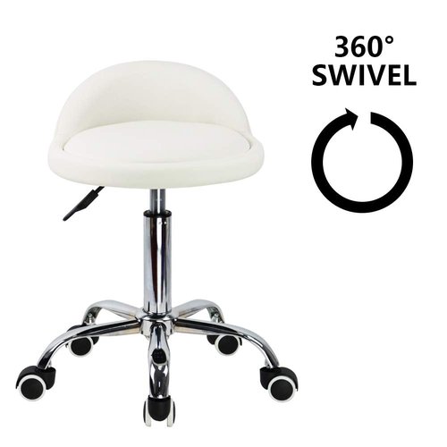 KKTONER PU Leather Round Rolling Stool with Back Rest Height Adjustable Swivel Drafting Work SPA Task Chair with Wheels (White)