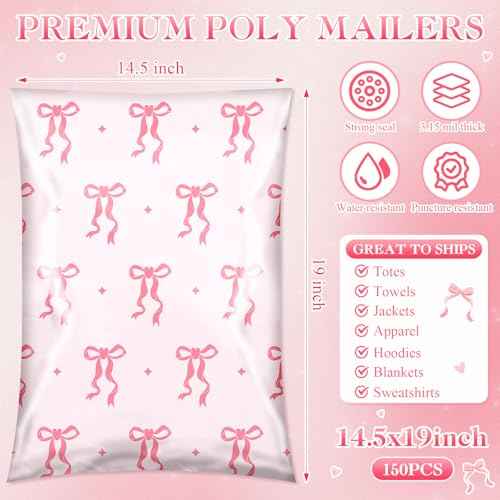 Faccito 150 Pcs Poly Mailer 14.5x19 Pink Bows Shipping Bags Heavy Duty Sealed Coquette Mailers Cute Large Pink Shipping Bags Waterproof and Tear Resistant Mailing Envelopes for Clothing Small Business