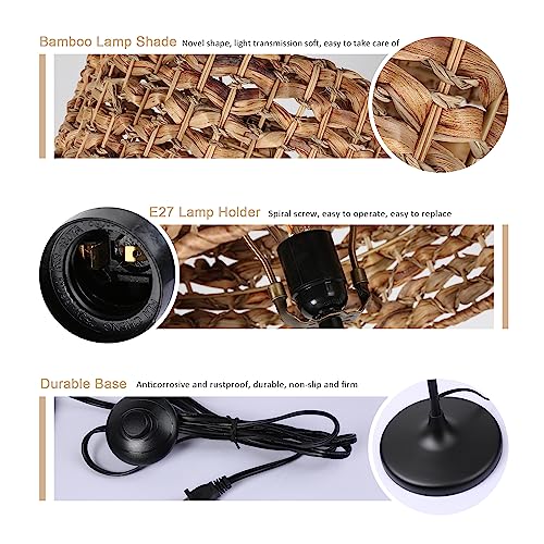 Bamboo Rattan Floor Lamp for Living Room, Boho Hand-Worked Woven Cylinder Lampshade Standing Lamp with Foot Switch, Industrial Black Tall Floor Light Decoration for Bedroom, Farmhouse