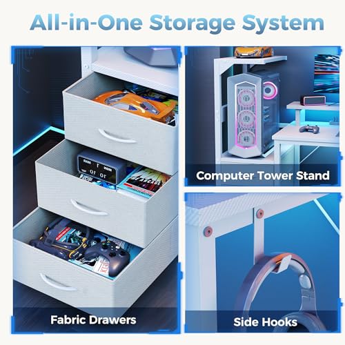 White 52-Inch Reversible Gaming Computer Desk with Drawers & Power Outlet