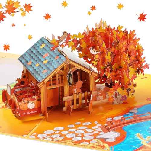 Teling 3D Fall Thanksgiving Pop up Card Thank You Greeting Card with Envelope Hello Autumn 9" x 6.3" Cover Handcrafted Cozy Autumn Farmhouse with Maple Tree Pumpkin Squirrel Thinking of You Gift