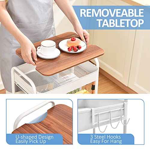 TOOLF 3-Tier Rolling Cart with Table Top, Metal Storage Cart on Wheels, Utility Organizer with Wooden Tray, Lockable Casters, Easy Assembly for Bathroom, Living Room, Office, Kitchen, White