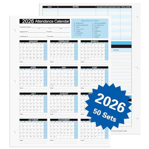 2026 Attendance Calendar Work Tracker Attendance Calendar Cards - 8.5 X 11 Cardstock/Pack of 50 Sheets