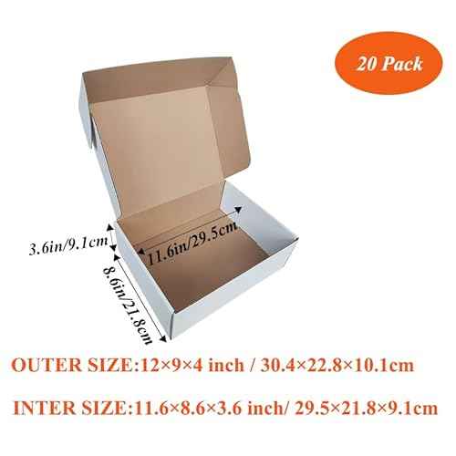 12x9x4 inches pack of 20 shipping boxes,White Corrugated Cardboard Mailer Box for small Business packaging supplies, packing and Wrapping Mailing Present