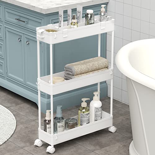 SPACELEAD White 3-Tier Slim Mobile Storage Cart for Kitchen, Bathroom, Office