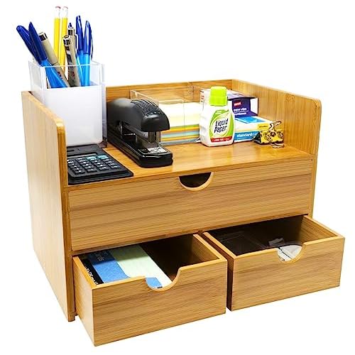 Sorbus Bamboo Desk Organizer - 3-Tier 100% Bamboo Desktop Organizers ? Mini Bamboo Desk Drawer Tabletop Storage Box Countertop Organization 3 Drawers & Shelf - Office, Makeup Vanity, Fully Assembled