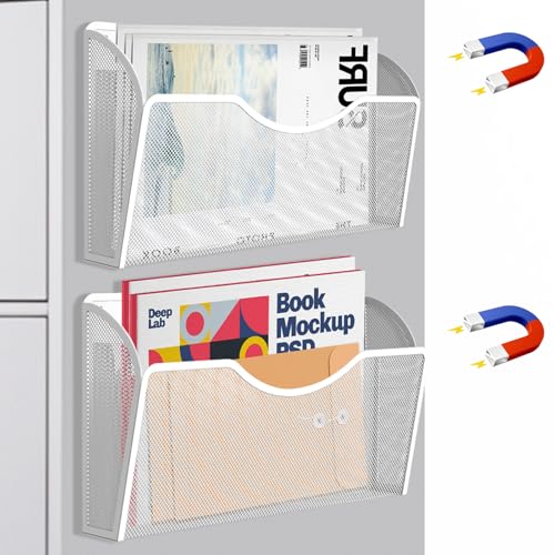 2 Pockets Magnetic File Holder for File Cabinets, Folder Holder Organizer- No Drilling Paper Document Holder, Large Capacity Office Hanging Magazine Rack for Refrigerator, Whiteboard, Office, Kitchen