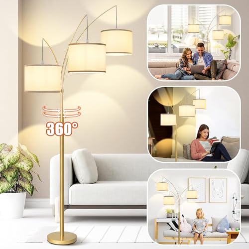3 Lights Arc Floor Lamps for Living Room,Gold Modern Tall Standing Lamp Hanging Over The Couch with Shades & Heavy Base,Mid Century Black Tree Floor Lamp for Bedroom Office