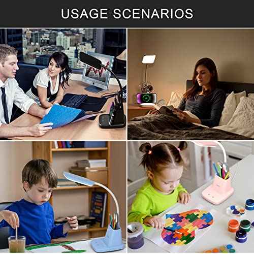 Desk Lamp for Home Office, LED Desk Lamp with Wireless Charger Pen Holder, Dimmable Desk Light with 3 Color Modes, Black Office Lamp for Dorm