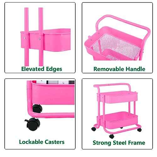 Melody House 2-Tier Metal Mesh Rolling Cart Storage Organizer with Utility Handle and Wheels, Multi-Functional Storage Trolley for Office Living Room Kitchen, Pink