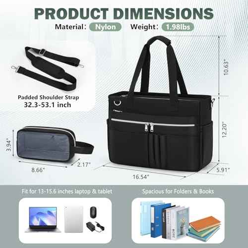 RAINSMORE Teacher Tote Bag for Women 15.6 Inch Laptop Briefcase with Clutch Bag, Nurse Bags Professional Work Handbag for Office College Nursing, Large Utility Tote Messenger Shoulder Bag, Black