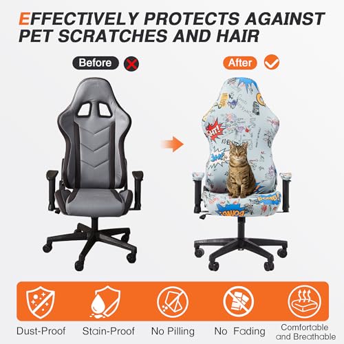 Computer Office Chair Cover,Gaming Chair Slipcovers Strentch Computer Desk Chair Covers with Armrest Covers, Rotating Armchair Protector Covers,Lettering
