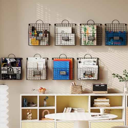 Hanging Wall File Holder Organizer Metal Wall Mount File Folders Holder Magazine Rack with Handles and Hooks , for Home Office, 4 Packs, Black (Patent Pending)
