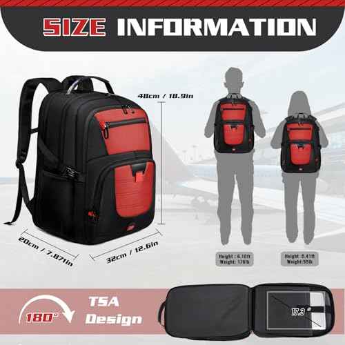 Large Travel Backpack, 50L Laptop Backpack for Men 17.3 Inch, TSA Approved, Heavy Duty with USB Charging, Anti Theft for College Business Work, Red