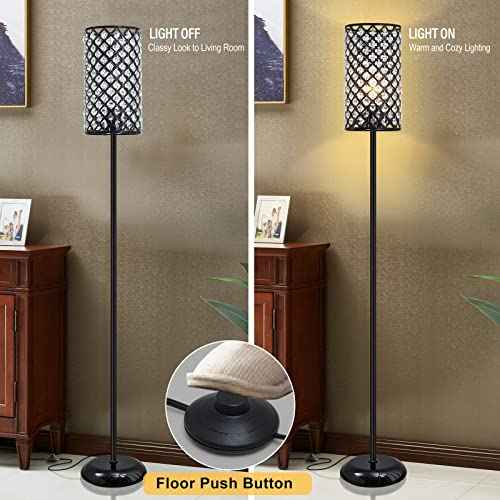 Crystal Floor Lamp, Modern Standing Lamp with Elegant Shade Black Floor Lamp with On/Off Foot Switch,Tall Pole Accent Lighting for Living Room, Girl Bedroom, Dresser, Office