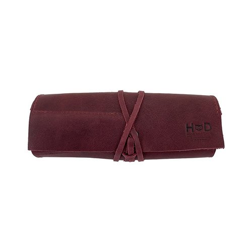 Hide & Drink, Rustic Pencil Roll Pouch, Multi-Purpose Storage Wrap for Scissors, Earphones, Organizer for Craft, Full Grain Leather, Handmade, Sangria