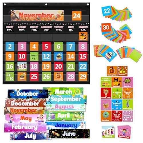 Classroom Calendar Pocket Chart with 88 Cards - Ideal for Homeschool, Classroom & Office, Durable Nylon Wall Hanging Calendar for Early Learning (Black)