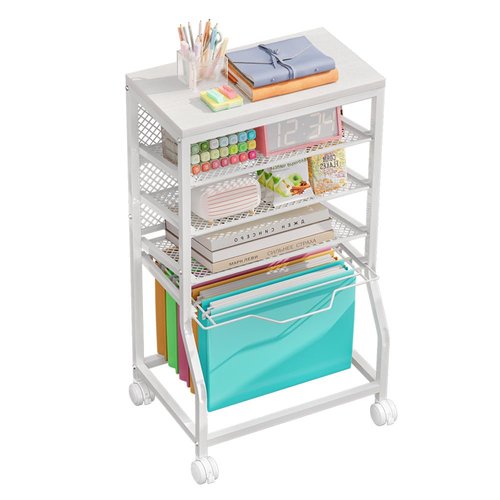 INGIORDAR Rolling File Cart,Under Desk Organizer on Lockable Wheels and Mesh Sliding Trays Multi-Functional Rolling Clutter Cart for Office, Home, School (White, 5 Tier)