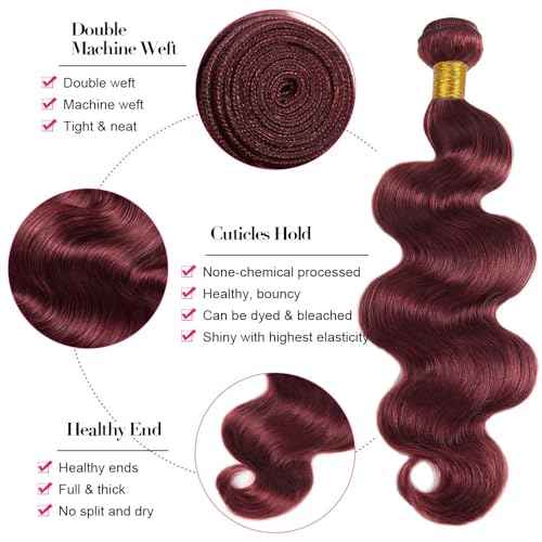 #99J Burgundy Bundles Human Hair Body Wave Bundles 14 16 18 Inch Wine Red Body Wave Bundle Unprocessed Brazilian Virgin Weave Hair 3 Bundle 50 Gram Per Bundle