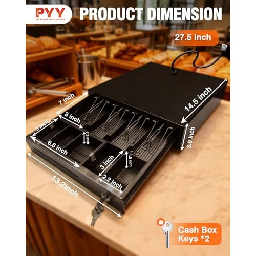 PYY Cash Drawer - 4 Bill & 5 Coin Slots Electronic Cash Register Drawer with 2 Keys for Lock and Removable Cash Tray, Auto Open Money Drawer with RJ11 Cable for POS Systems, for Small Business Retail