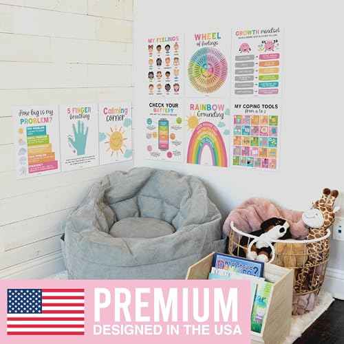 Hadley Designs 9 Calming Corner Posters For Classroom Must Haves For Teachers - 11x14 Calm Down Corner Supplies, Feelings Chart For Kids Ages 4-8, Feelings Wheel Poster, Pastel Classroom Decor