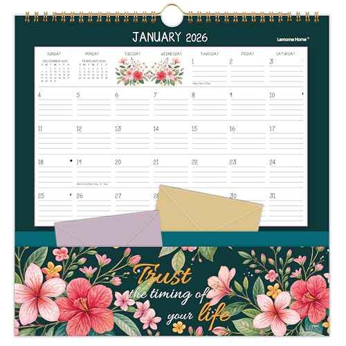 2026 Wall Calendar - 2026 Pocket Calendar, 11.7" x 11.7", 2026 Calendar with Pockets, Jan. 2026 - Dec. 2026, 2026 Wall Calendar 12 Month with One Pockets, Calendars for Office School Home, Golden Twin Wire Binding, Premium Paper - 12 Different Floral