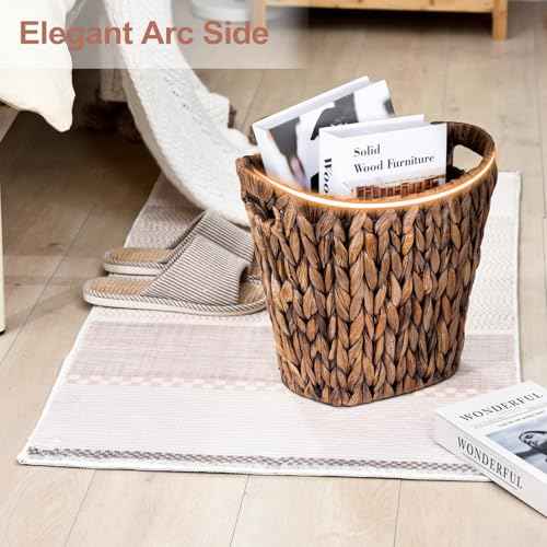 FairyHaus Wicker Waste Basket with Handle, Hand-Woven Water Hyacinth Trash Can for Bathroom Bedroom, Brown Wicker Storage 13 x 7.5 x12.2
