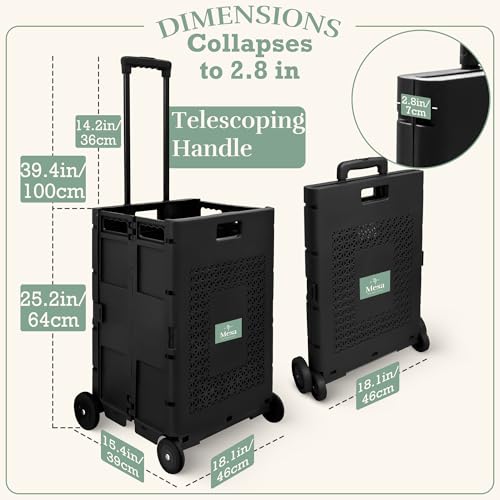 Inspired Living Collapsible Ultra-Slim Pack-N-Roll 4 Wheel Utility Cart, Upto 55 Lbs,Telescopic Handle,durable for Home, Garden, Shopping, Office, School, Laundry, Folds down to 3" Medium, Tall, Black