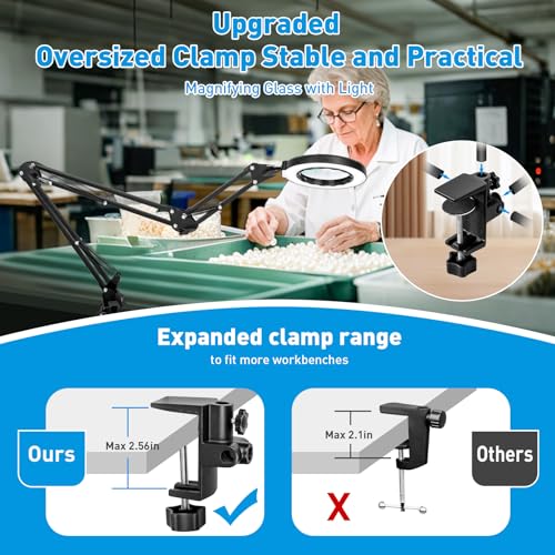 KIRKAS 12X Magnifying Glass with Light Large Clamp, Real Glass Lens Lighted Magnifying Lamp, 3 Section Swing Arm and 5 Color Modes 10 Levels Dimming LED Mgnifier for Reading Craft Hobby Close Work