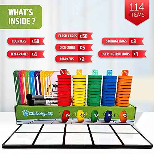 Magnetic Ten Frame Set: 4 Durable Ten-Frames + 50 Colorful Counters + 50 Math Flash Cards + 5 Dice - Addition & Subtraction - Math Manipulatives Kit for Home, Kindergarten & Elementary Teachers