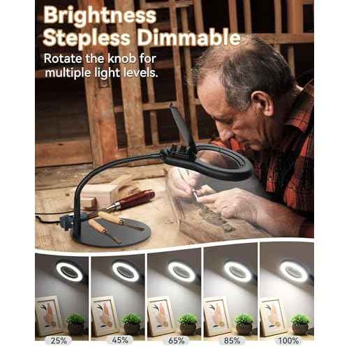 10X Magnifying Glass with Light and Stand, Flexible Gooseneck LED Lighted Desk Lamp, 2200 lumens Multiple Color Modes Stepless Dimming, Hands Free Magnifier for Craft Painting Hobby Reading