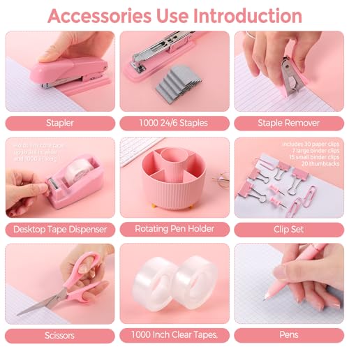Pink Desk Accessories Set with Rotating Pen Holder & Office Supplies - 11 Pieces