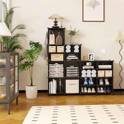 AWTATOS Cube Storage Closet Organizer Storage 12 Cube Shelves, Large and Small Cubes, DIY Portable Closet Clothes Storage Shelfs for Home, Bedroom, Black