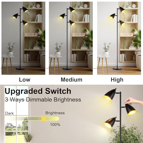 Tree Floor Lamp for Living Room, Industrial 3-Light Standing Lamp with 3 LED Bulbs, Adjustable Rotation Heads, Standing Tall Pole Lamp Farmhouse Rustic Reading Lamps for Bedroom Office (Black)