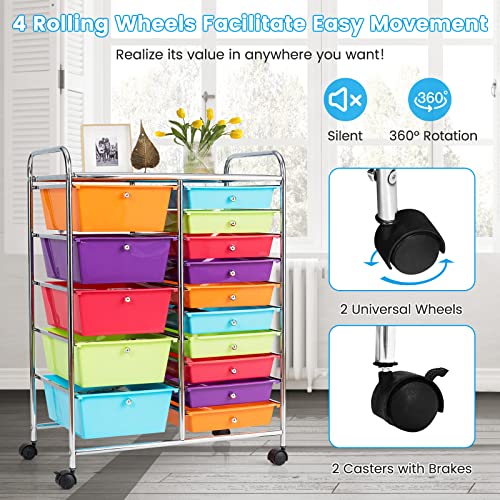 DREAMADE 15-Drawer Rolling Cart with Lockable Wheels, Multi-Color 25"L x 14.5"W x 34.5"H