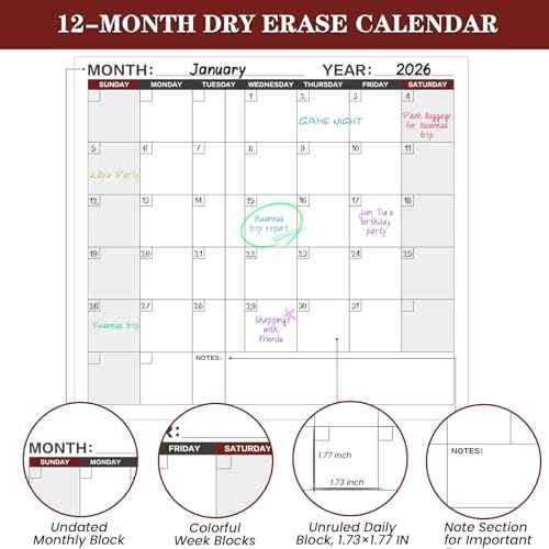 Large Dry Erase Calendar for Wall ? Yearly Wall Calendar Dry Erase, 37" x 57.9", 12-Month Undated Erasable & Reusable Laminated Wall Calendar, 15 Round Stickers, Perfect for Home, Office and School - Black With Red