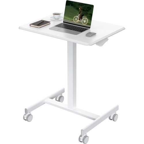 OLIXIS Small Standing Desk Adjustable Height, Portable Rolling Table on Wheels, 19 Inch Computer Mobile Desk Workstation for Home Office, White