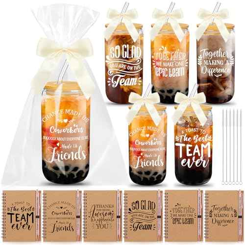 Skylety 18 Pcs Employee Appreciation Gift for Women Christmas Thank You Gifts Bulk for Coworker Team Staff Nurse Teacher 16 oz Glass Cup A6 Inspirational Notebook with Ballpoint Pen Bowknot(Team)