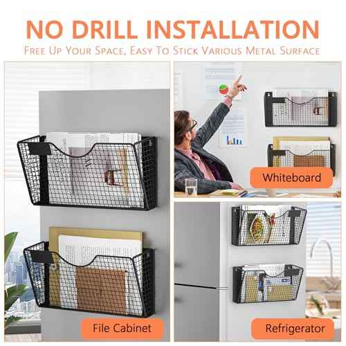 MFTEK Magnetic File Holder, 2 Pockets Magnetic File Folder Holder No Drilling Magnet Paper Mail Organizer Magazine Basket, Hanging Wall Storage Rack for Fridge Cabinets Office Classroom