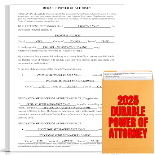Durable Power of Attorney Kit - 3 Blank POA Forms + Guides & Envelopes